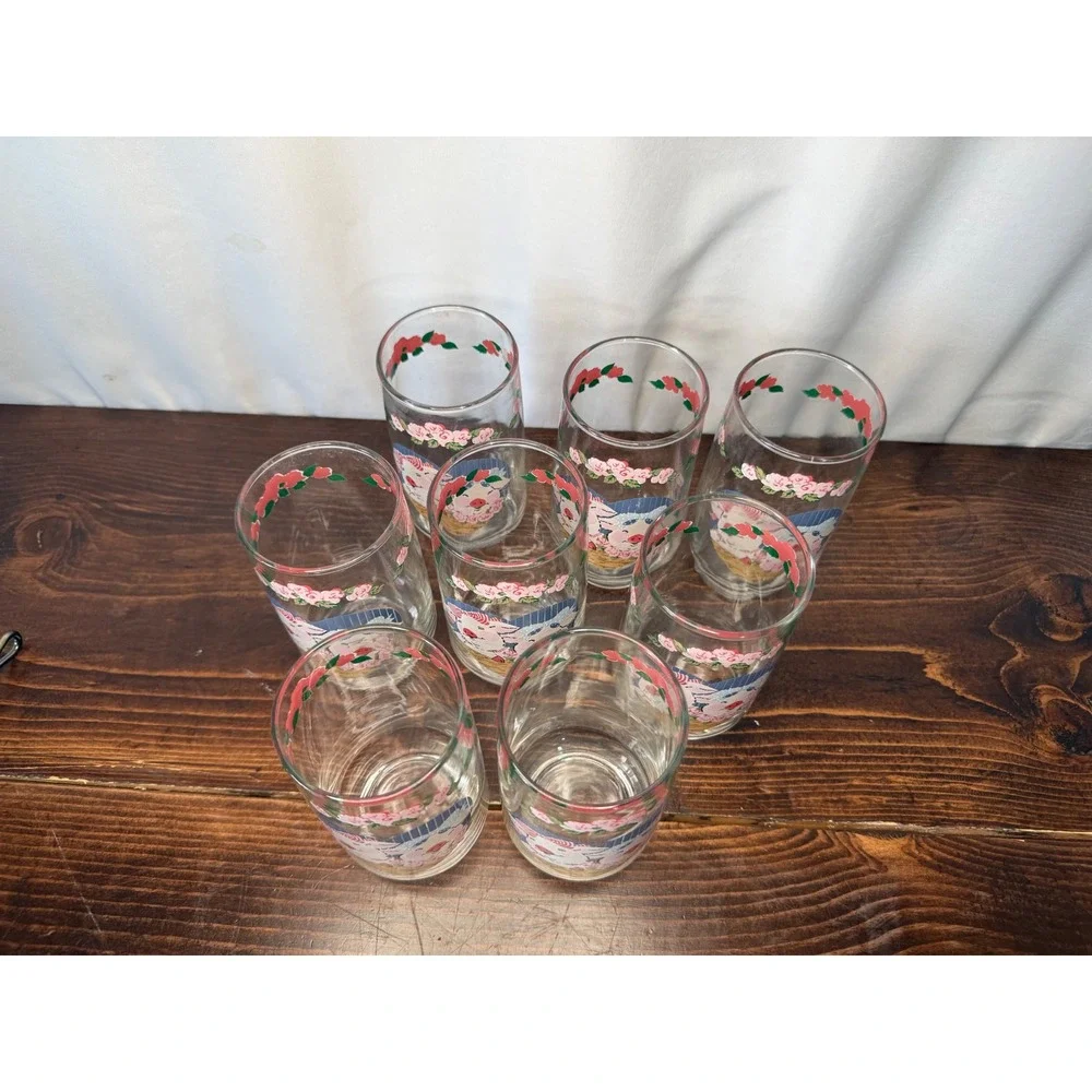 VTG Tienshan Anchor Hocking Pig Pal Glasses Set of 8 Country Tumblers 12oz